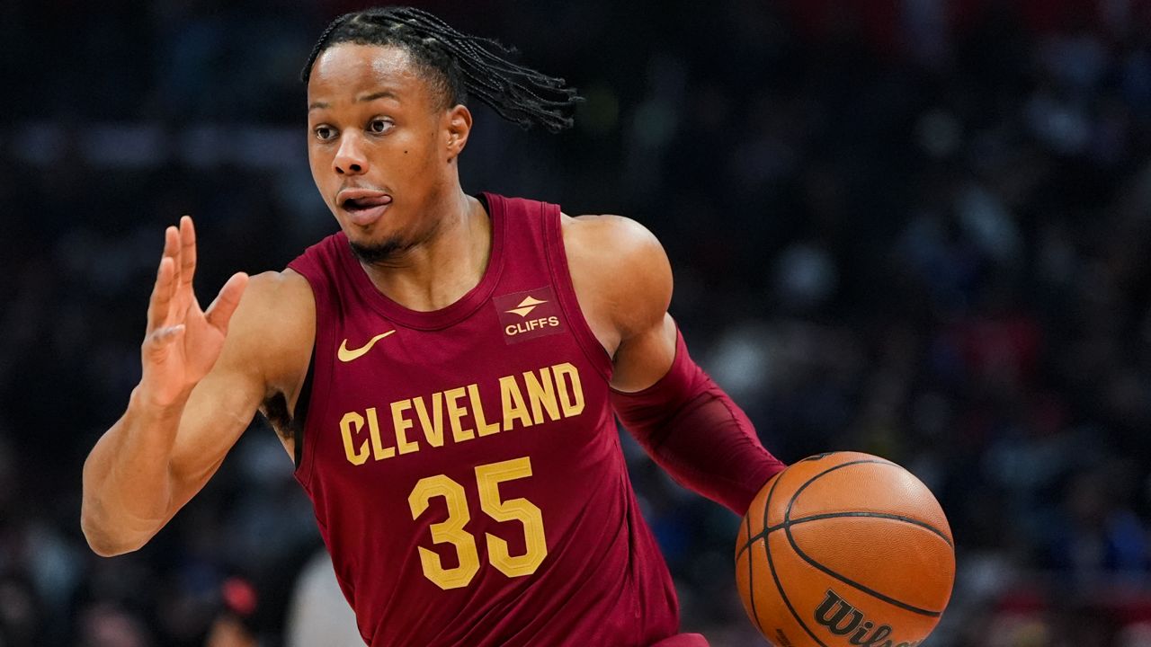 Cleveland Cavaliers forward Isaac Okoro drives during the first half of an NBA basketball game against the Los Angeles Clippers, Sunday, April 7, 2024, in Los Angeles.