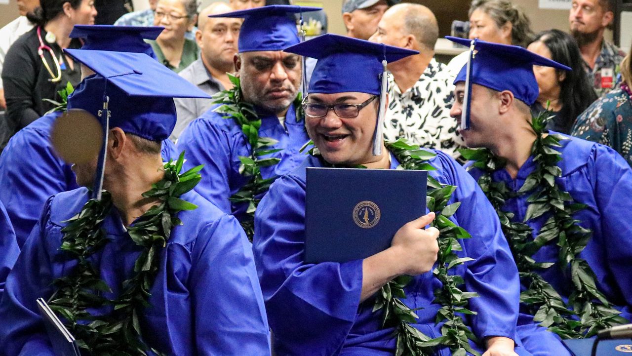 Halawa inmates celebrated earning their associate degree in business administration at a commencement event at the facility on Wednesday. (Public Safety Department)