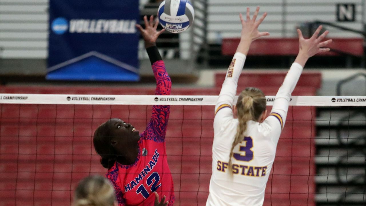 Chaminade hitter Ajack Malual went up for a swing against San Francisco State in the opening round of the NCAA Division II women's volleyball tournament at Cal State San Bernardino on Thursday.