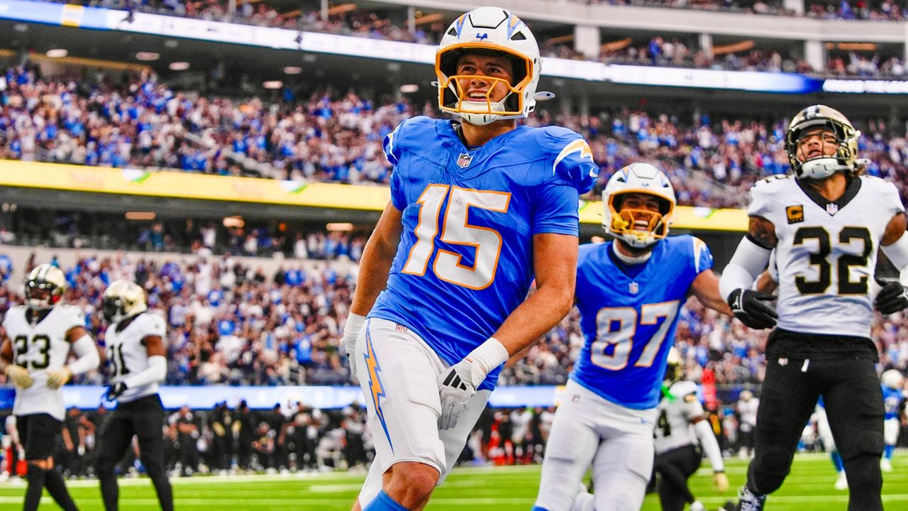 Los Angeles Chargers wide receiver Ladd McConkey (15) celebrates his touchdown reception in the second half of an NFL football game against the New Orleans Saints in Inglewood, Calif., Sunday, Oct. 27, 2024. (AP Photo/Mark J. Terrill)