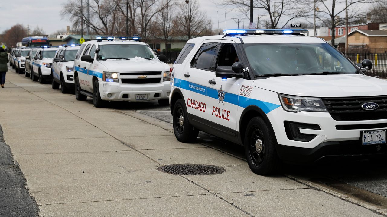 Chicago Police vehicles on Wednesday, April 15, 2020. (AP Photo/Nam Y. Huh)