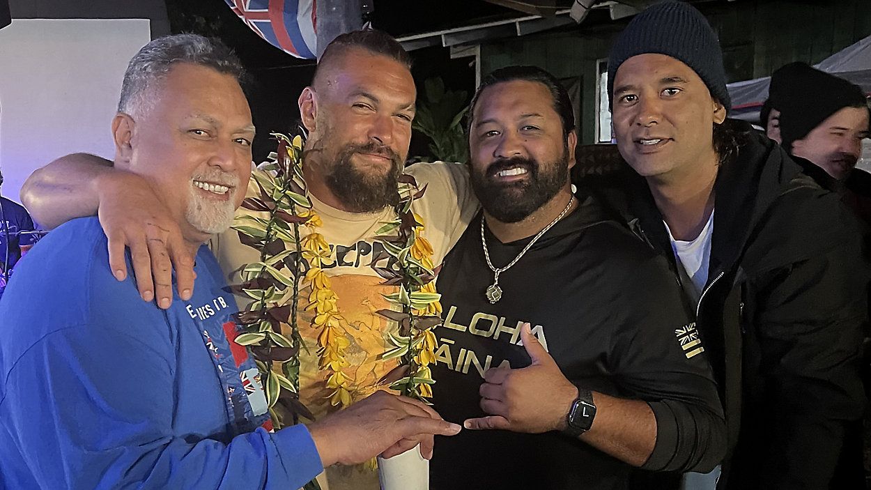 From left to right: Robert Suka, Jason Momoa's driver; Jason Momoa, "Chief of War" co-creator and actor; Thomas Paʻa Sibbett, "Chief of War" co-creator; and Fairai Richmond, who was part of the core stunt team for "Chief of War." (Photo courtesy of Fairai Richmond)