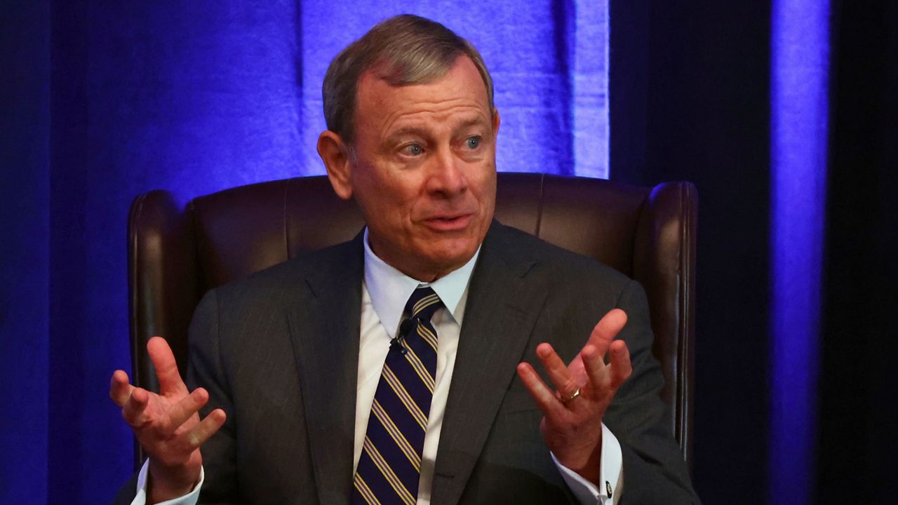 Chief Justice John Roberts speaks during a fireside chat at the 125th anniversary celebration of the United States District court for the Western District of New York, Wednesday, May 7, 2025, in Buffalo, N.Y. (AP Photo/Jeffrey T. Barnes)