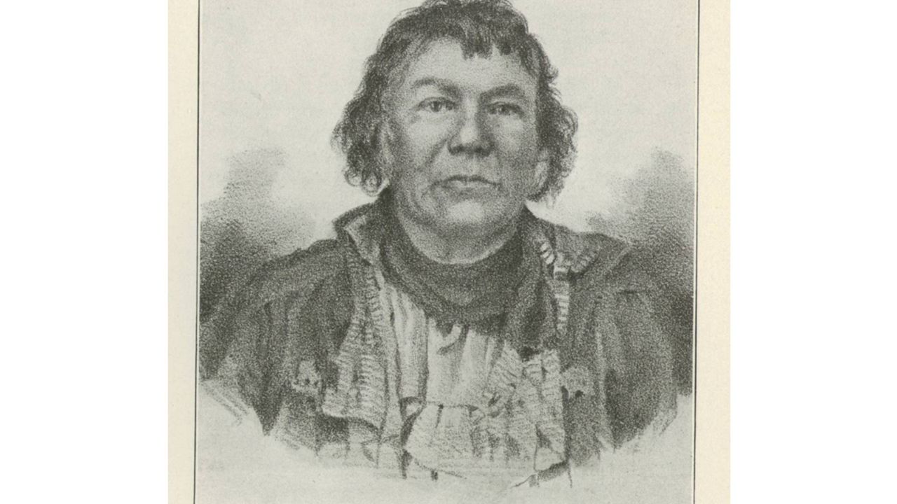 Prairie Band Potawatomi Chief Shab-eh-nay, shown in this image provided by the Northern Illinois University Digital Library, is at the center of legislation in Illinois to compensate the tribe for land taken from the tribe. Shab-eh-nay, who was born about 1775 and died in 1859, was promised land in northern Illinois in an 1829 treaty, but the government sold it to white settlers in about 1848. The General Assembly is poised to approve a plan to transfer control of the nearby Shabbona Lake State Recreation Area to the Prairie Band. (NIU Digital Library via AP)