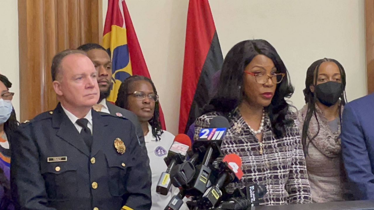 At a city hall news conference on Tuesday Jan. 9, 2024, St. Louis Mayor Tishaura Jones talked to reporters about the first year on the job for Metropolitan Police Chief Robert Tracy. (Spectrum News/Gregg Palermo)