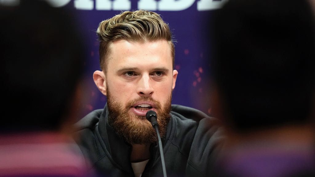 Kansas City Chiefs kicker Harrison Butker speaks to the media during NFL football Super Bowl 58 opening night Monday, Feb. 5, 2024, in Las Vegas. (AP Photo/Charlie Riedel, File)