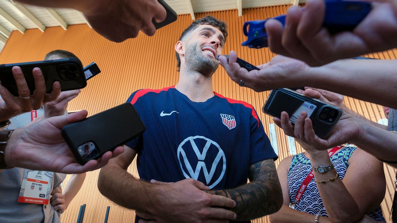 United States' Christian Pulisic speaks to the media, Friday, Oct. 11, 2024, in Austin, Texas, as the U.S. men's national soccer team prepares play Panama in an international friendly on Saturday. (AP Photo/Rodolfo Gonzalez)