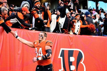 Cincinnati Bengals defensive end Sam Hubbard (94) celebrates with Trey  Hendrickson, right, after making a sack during an NFL football game against  the Kansas City Chiefs, Sunday, Dec. 4, 2022, in Cincinnati. (