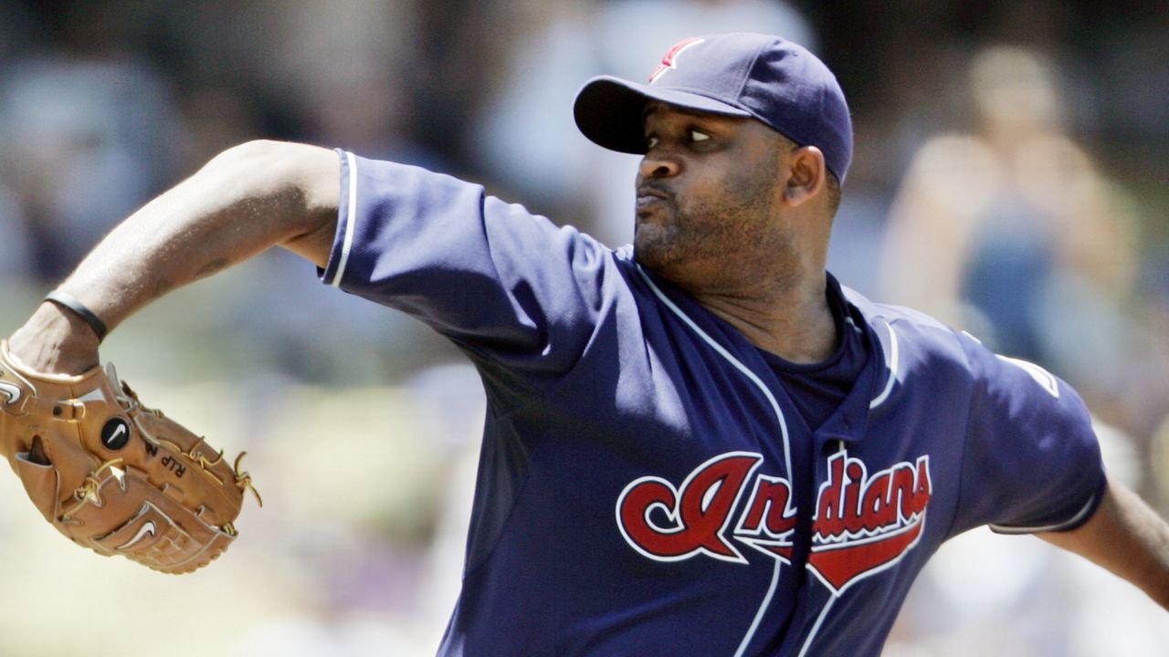 Cleveland Indians starter C.C. Sabathia pitches to the Los Angeles Dodgers in the first inning of an interleague baseball game in Los Angeles, Saturday, June 21, 2008. (AP Photo/Reed Saxon)