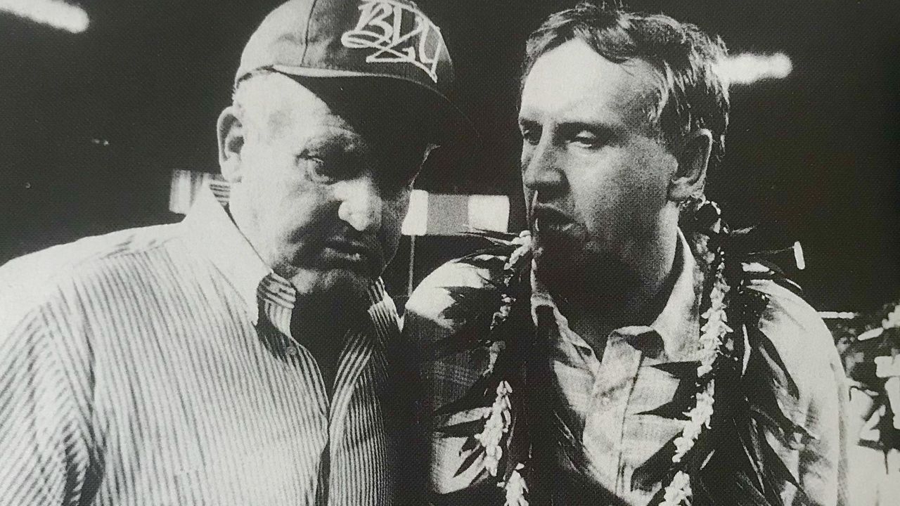 Former Hawaii football coach Bob Wagner, right, talked to BYU coach LaVell Edwards in an undated photo. Wagner was the only UH coach to beat BYU multiple times in a career.