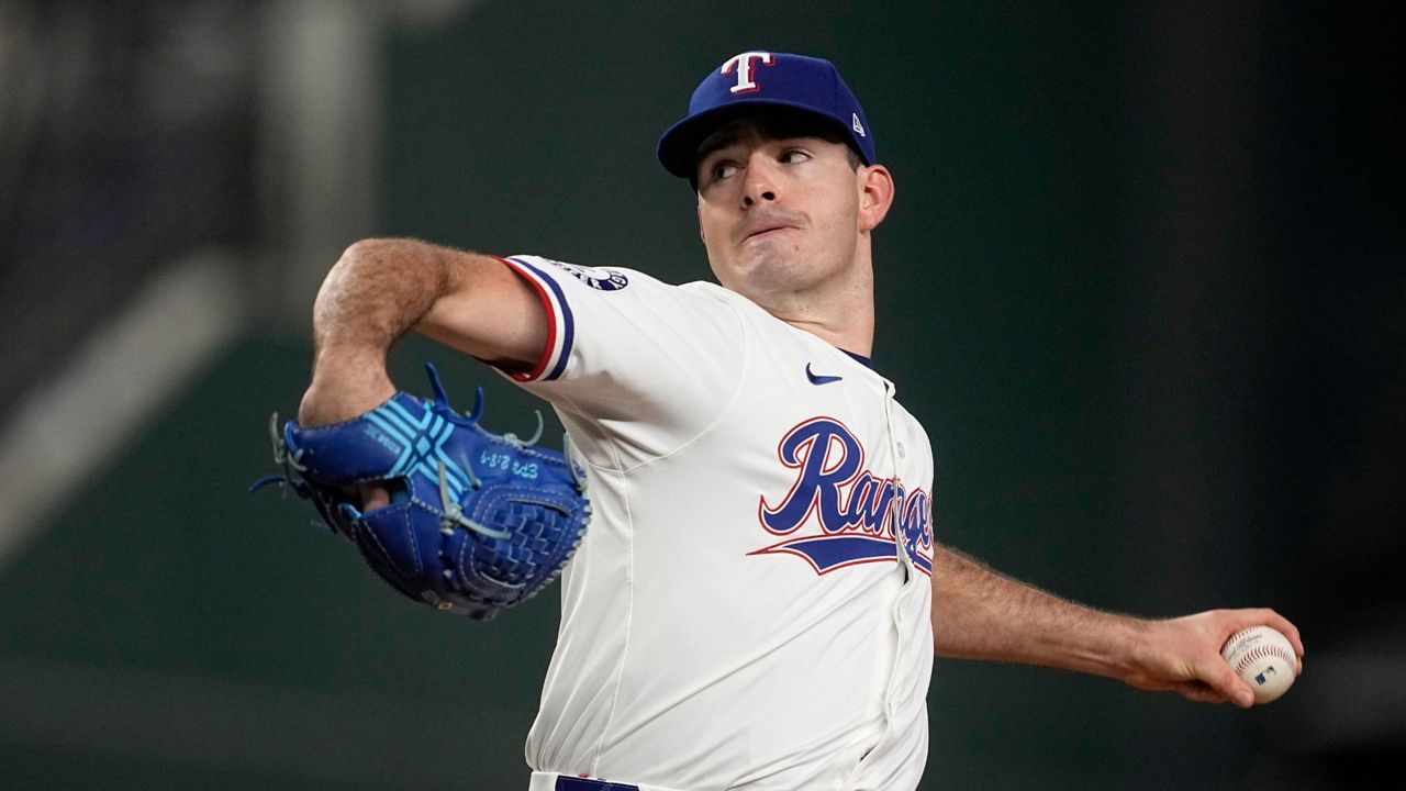 Texas Rangers starting pitcher Cody Bradford throws to the Los Angeles Angels in the first inning of a baseball game Thursday, Sept. 5, 2024, in Arlington, Texas. (AP Photo/Tony Gutierrez)