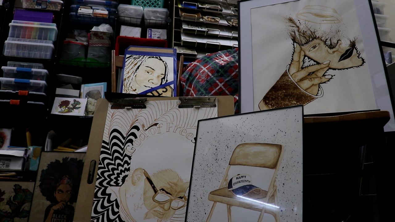 A collection of  artwork painted entirely with coffee