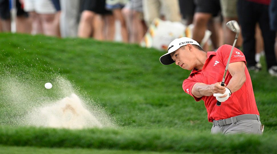 Collin Morikawa hits out of a bunker onto the 14th green during the third round of the Arnold Palmer Invitational at Bay Hill golf tournament, Saturday, March 8, 2025, in Orlando, Fla. (AP Photo/Phelan M. Ebenhack)