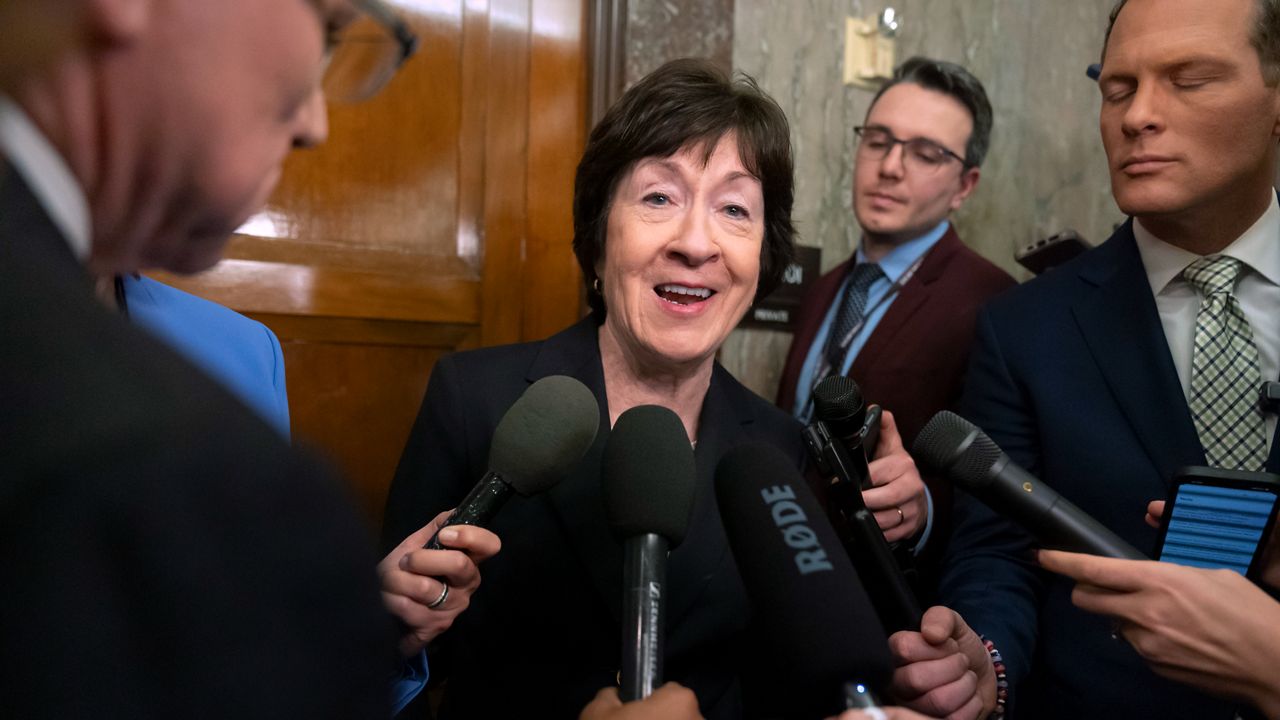 Sen. Susan Collins, R-Maine, speaks with reporters after meeting with Pete Hegseth, President-elect Donald Trump's choice to be defense secretary, on Capitol Hill, Wednesday, Dec. 11, 2024, in Washington. (AP Photo/Mark Schiefelbein)