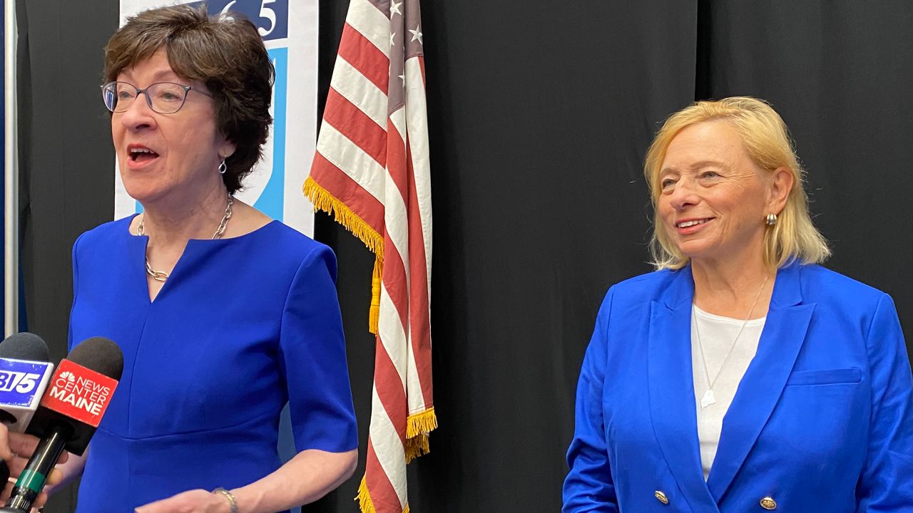 U.S. Sen. Susan Collins (R-Maine) and Gov. Janet Mills talk about a new round of grant funds coming to Maine on Wednesday at the University of Maine. (Spectrum News/Susan Cover)