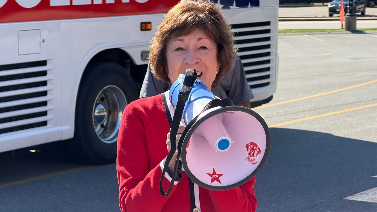 Sen. Susan Collins fires up a crowd of supporters Friday at the start of her 16-county bus tour in Kittery. (Spectrum News/Susan Cover)