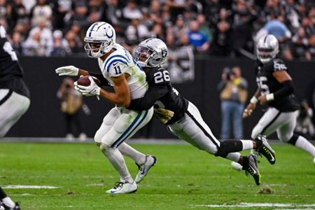 Las Vegas Raiders running back Josh Jacobs (28) leaves the field against  the Indianapolis Colts during the first half of an NFL football game,  Sunday, Nov 13, 2022, in Las Vegas. (AP