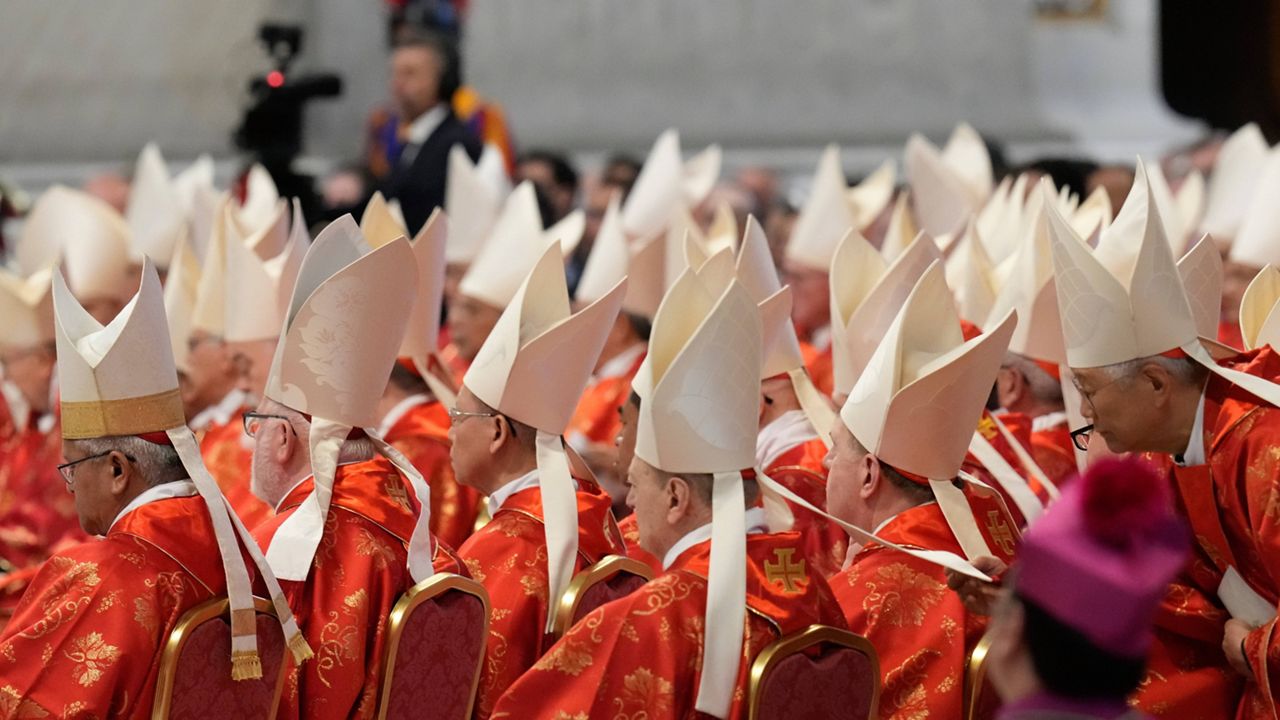Cardinals attend a final Mass St. Peter's Basilica, before the conclave to elect a new pope, at the Vatican, Wednesday, May 7, 2025. (AP Photo/Gregorio Borgia)