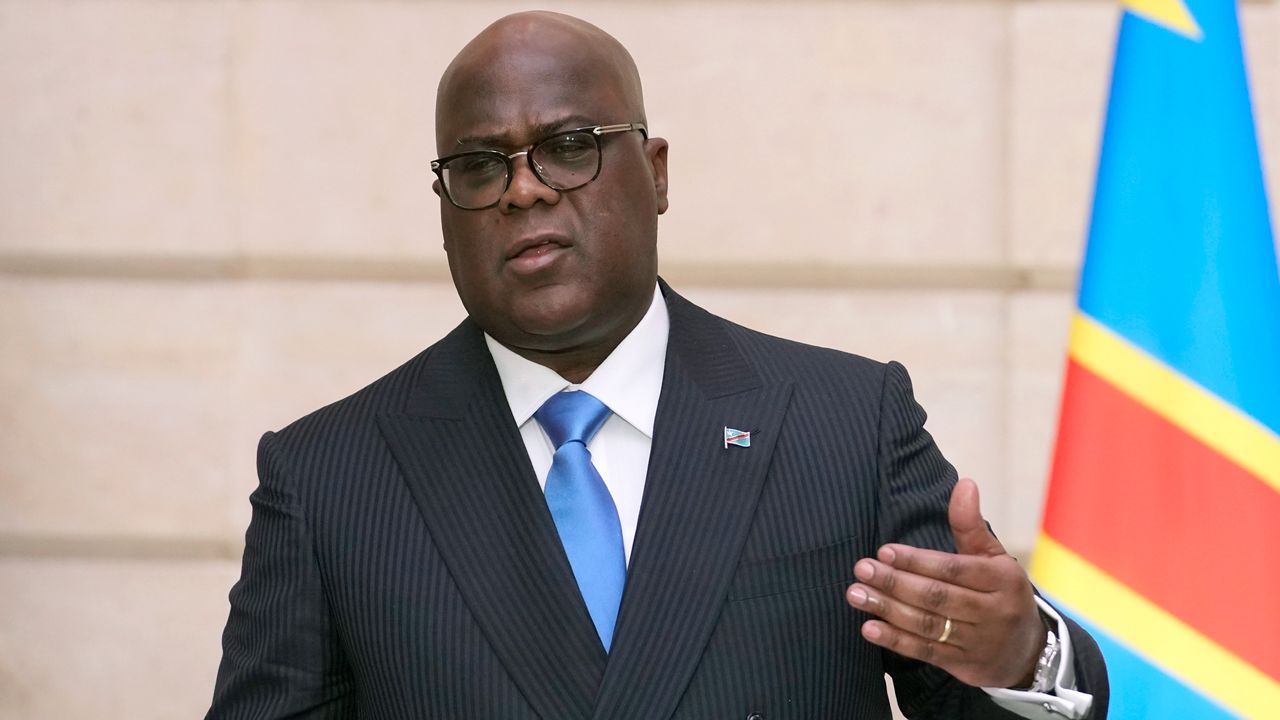 Congo's President Felix Tshisekedi speaks during a press conference with French President Emmanuel Macron at the Elysee Palace in Paris, Tuesday, April 30, 2024. (AP Photo/Christophe Ena)
