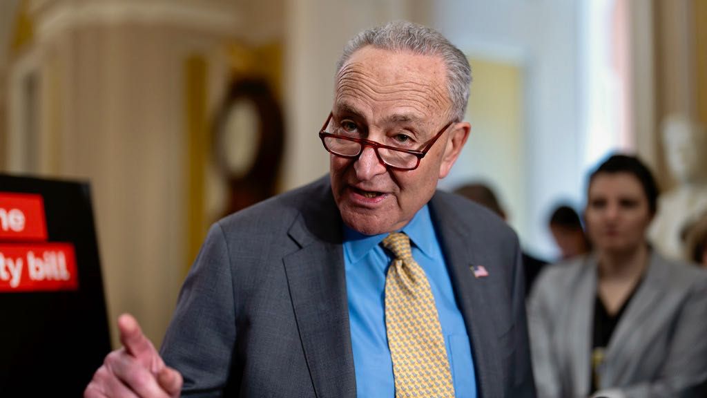 Senate Majority Leader Chuck Schumer, D-N.Y., speaks to reporters following Democratic strategy session, at the Capitol in Washington, Wednesday, May 8, 2024. (AP Photo/J. Scott Applewhite)