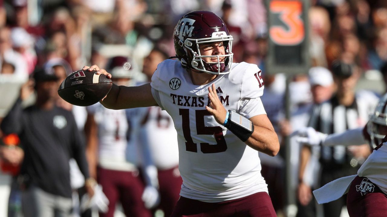 Texas A&M quarterback Conner Weigman (15) throws the ball during the first half of an NCAA college football game against Mississippi State on Saturday, Oct. 19, 2024, in Starkville, Miss. (AP Photo/Randy J. Williams)