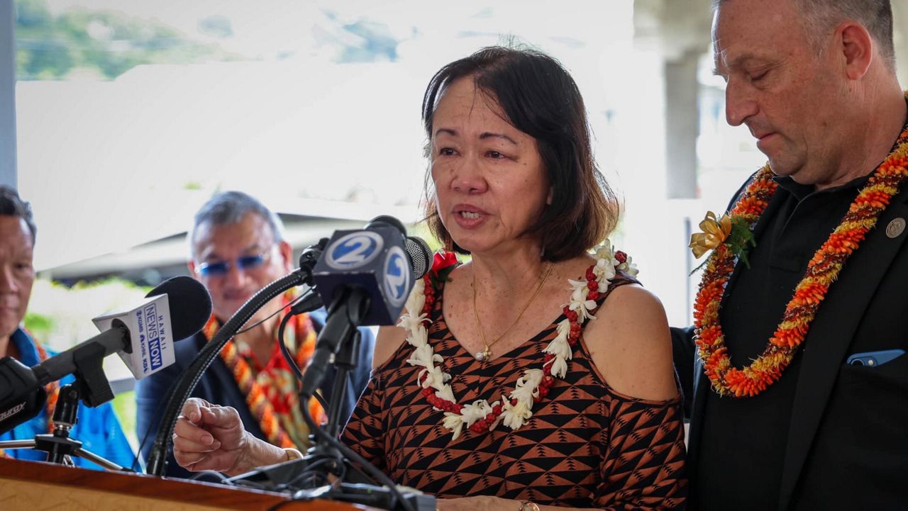 Institute of Human Services executive director Connie Mitchell joined Gov. Josh Green at Thursday's blessing for the new Paepae Hou kauhale. (Office of Gov. Josh Green)