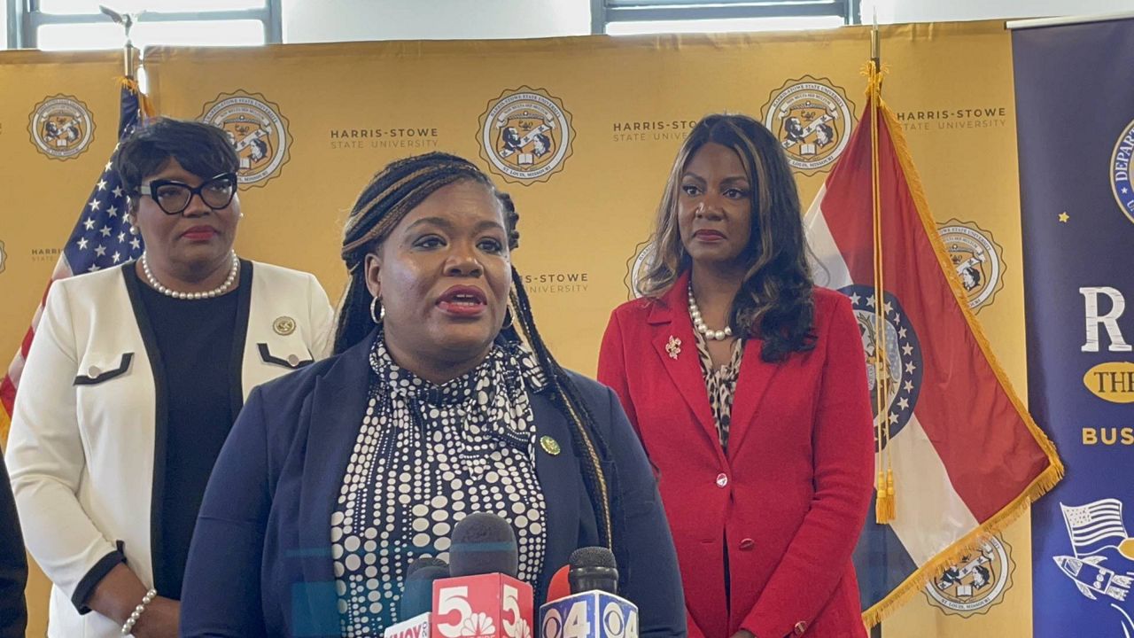 U.S. Rep. Cori Bush and St. Louis Mayor Tishaura Jones (right) at Harris-Stowe University Wednesday Sept. 6. (Spectrum News/Gregg Palermo)