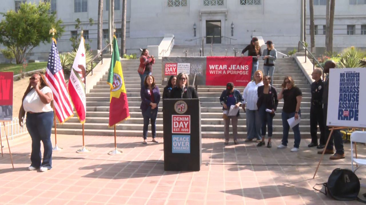 Patricia Giggans, the founder of Peace Over Violence, speaks in front of the Los Angeles City Hall on April 27, 2022, in downtown LA.
