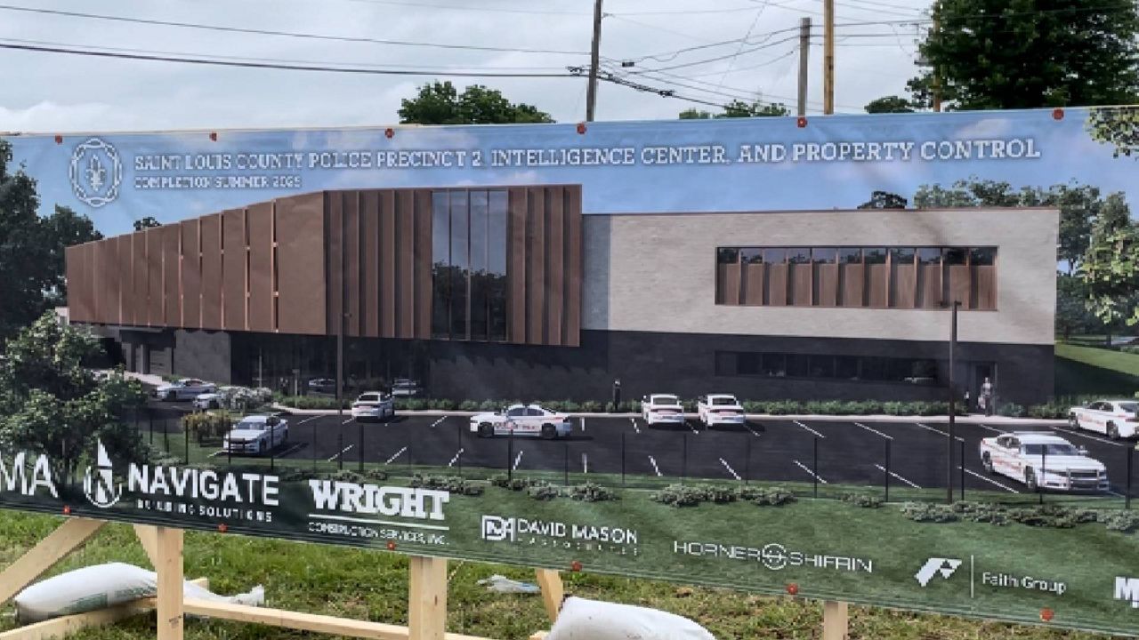 Renderings for a new St. Louis County police complex located in Maryland Heights sit on the site near Dorsett Road and Adie Wednesday June 5, 2024. (Spectrum News/Gregg Palermo)