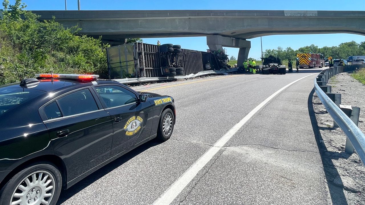 First responders work to clear the scene of a crash on the ramp from northbound Interstate 170 to eastbound Interstate 70  Thursday morning. (Photo courtesy of the Missouri State Highway Patrol)