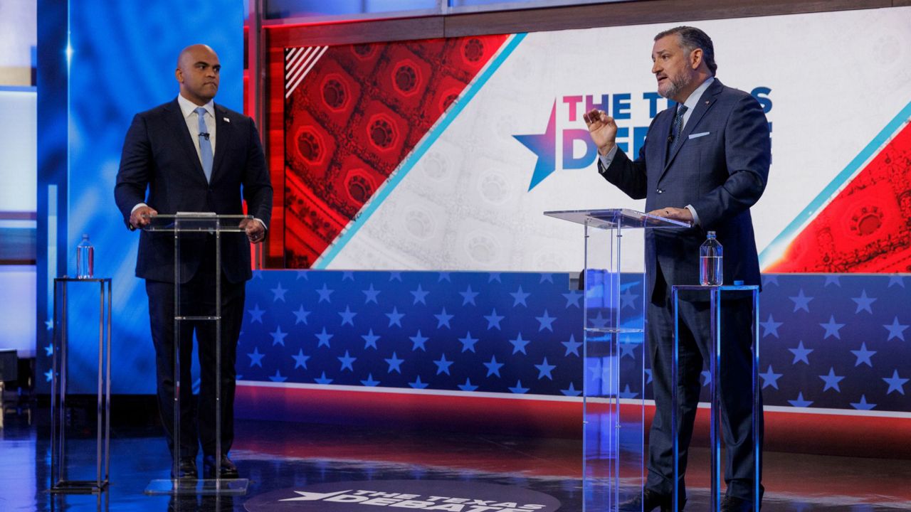 Sen. Ted Cruz, R-Texas, right, speaks during a U.S. Senate debate with Rep. Colin Allred, D-Texas, Tuesday, Oct. 15, 2024, in Dallas. (Shelby Tauber/Texas Tribune via AP, Pool)