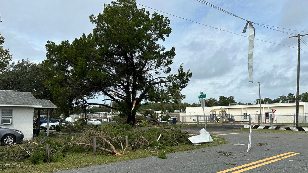 Storm damage in Crystal River. This is at NE Tenth Ave. near Crystal River Primary. A gas station’s roof has been stripped and remnants can be seen hanging from a power line. County Emergency Management are on-scene assessing damage. (Calvin Lewis, Spectrum News staff)