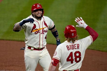 Cardinals catcher Yadier Molina is hit by a pitch in a rehab assignment