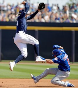 San Diego Padres' Manny Machado strikes out against the San Francisco  Giants during the second inning of a spring training baseball game,  Saturday, March 2, 2019, in Peoria, Ariz. (AP Photo/Matt York
