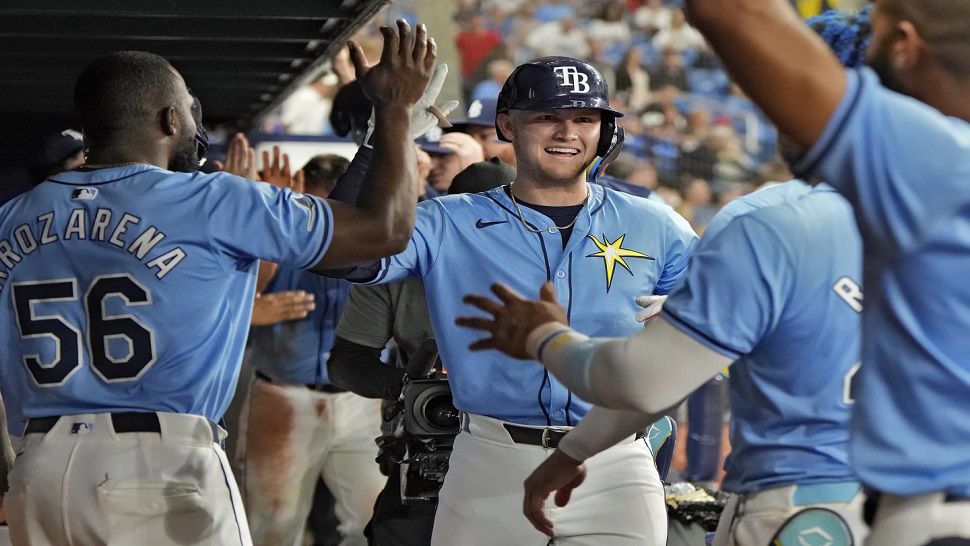Tampa Bay second baseman Curtis Mead celebrated after hitting a two-run home run in the sixth inning against Detroit on Wednesday night.