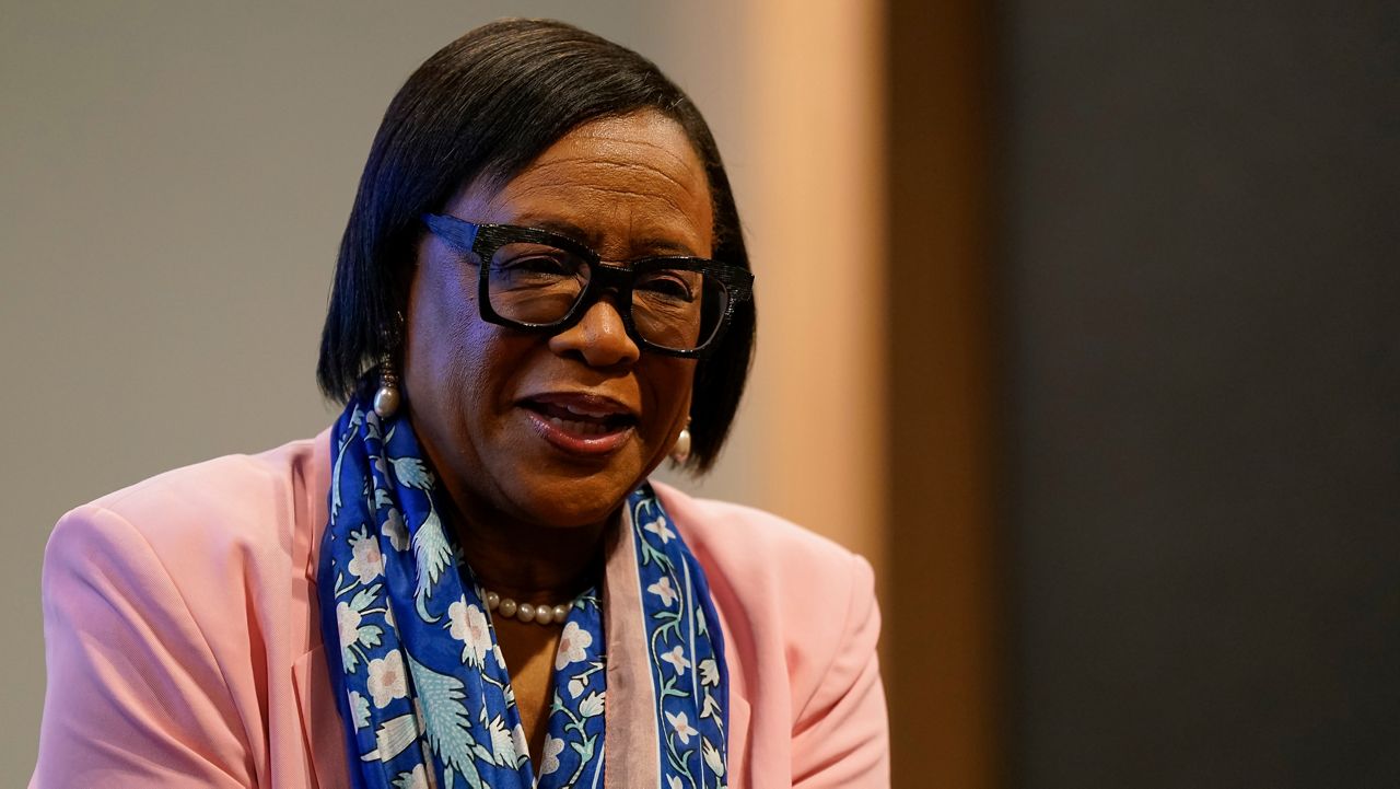 Dallas Mavericks CEO Cynt Marshall speaks during an NBA basketball availability, Friday, June 14, 2024, in Dallas, Texas. (AP Photo/Sam Hodde)