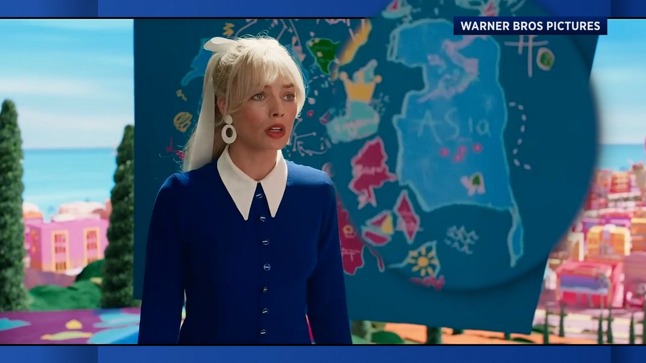 Still from the Barbie movie trailer showing a world map with a nine-dash line around the South China Sea | Warner Bros. Film Studio