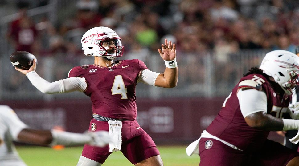 Florida State quarterback DJ Uiagalelei (4) throws the game winning touchdown pass in the second half of an NCAA college football game in Tallahassee, Fla., Saturday, Sept. 21, 2024. (AP Photo/Mark Wallheiser)