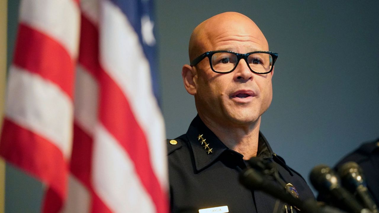 Dallas police Chief Eddie Garcia speaka to reporters during a news conference at police headquarters headquarters in Dallas, Tuesday, May 17, 2022. (AP Photo/LM Otero)