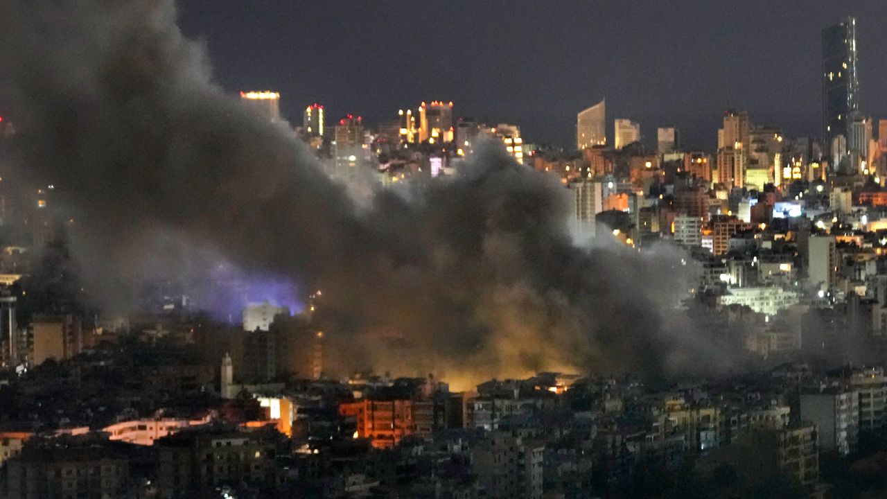 Smoke rises from Israeli airstrikes on Dahiyeh, in the southern suburb of Beirut, Lebanon, early Sunday, Oct. 20, 2024. (AP Photo/Hussein Malla)