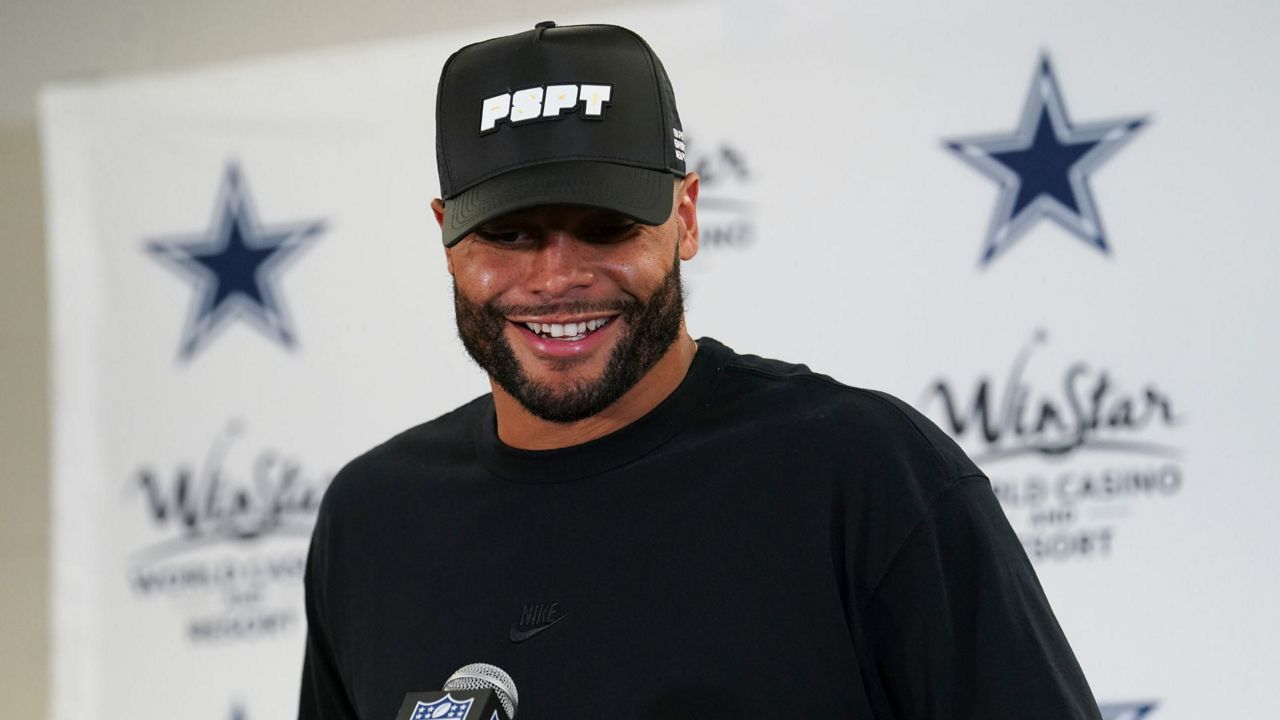 Dallas Cowboys quarterback Dak Prescott talks to reporters following an NFL football game against the Pittsburgh Steelers, early Monday, Oct. 7, 2024, in Pittsburgh. The Cowboys won 20-17. (AP Photo/Matt Freed)