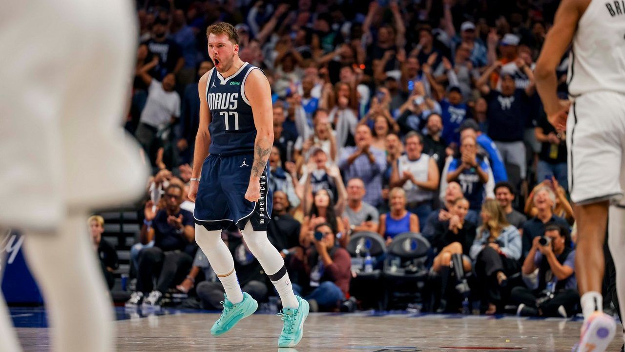 Dallas Mavericks guard Luka Doncic (77) celebrates his 3-pointer against the Brooklyn Nets during the second half of an NBA basketball game Friday, Oct. 27, 2023, in Dallas. (AP Photo/Gareth Patterson)