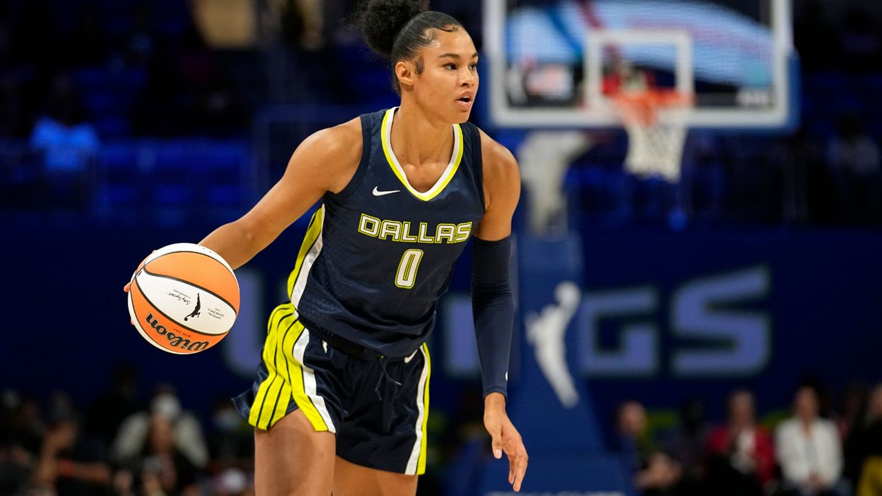 Dallas Wings forward Satou Sabally brings the ball up during the team's WNBA basketball game against the Phoenix Mercury, June 7, 2023, in Arlington, Texas. 