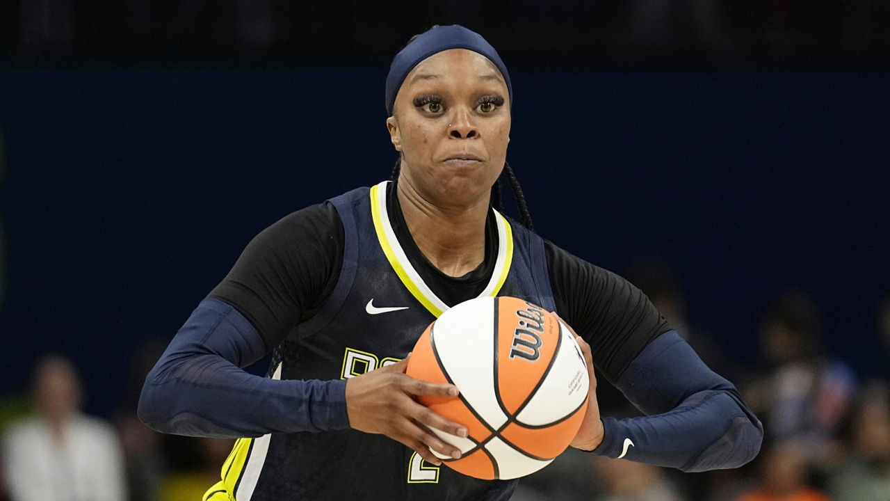 Dallas Wings guard Odyssey Sims works against the Phoenix Mercury during a WNBA basketball game, Wednesday, June 7, 2023, in Arlington, Texas. (AP Photo/Tony Gutierrez)