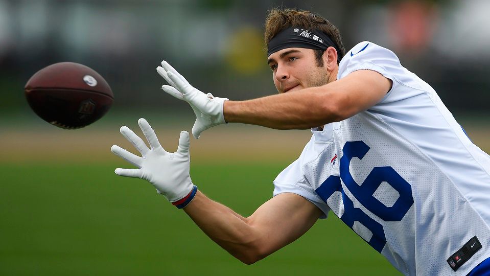 Buffalo Bills tight end Dalton Kincaid (86) catches a ball during practice at the NFL football team's training camp in Pittsford, NY, Thursday, July 27, 2023. (AP Photo/ Adrian Kraus)