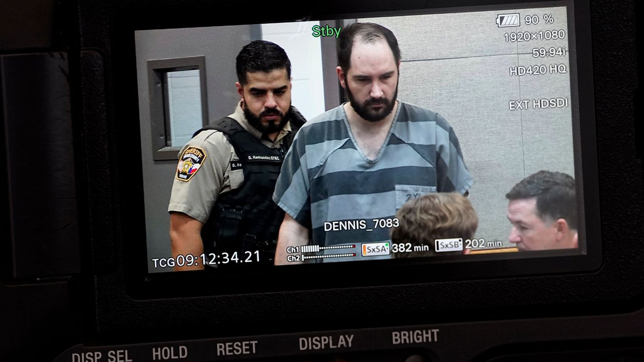 U.S. Army Sgt. Daniel Perry, who was convicted of murder for fatally shooting an armed protester in 2020 during nationwide protests against police violence and racial injustice, is seen on a pool video feed as he arrives for his sentencing hearing in Austin, Texas, Tuesday, May 9, 2023. (AP Photo/Eric Gay)