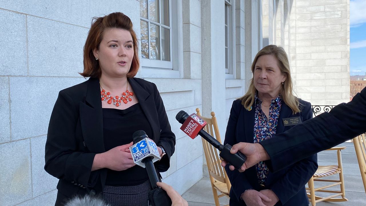 Sen. Mattie Daughtry (D-Brunswick), left, and Sen. Anne Carney (D-Cape Elizabeth) talk about their support for a bill to allow abortions later in pregnancy. (Susan Cover/Spectrum News)