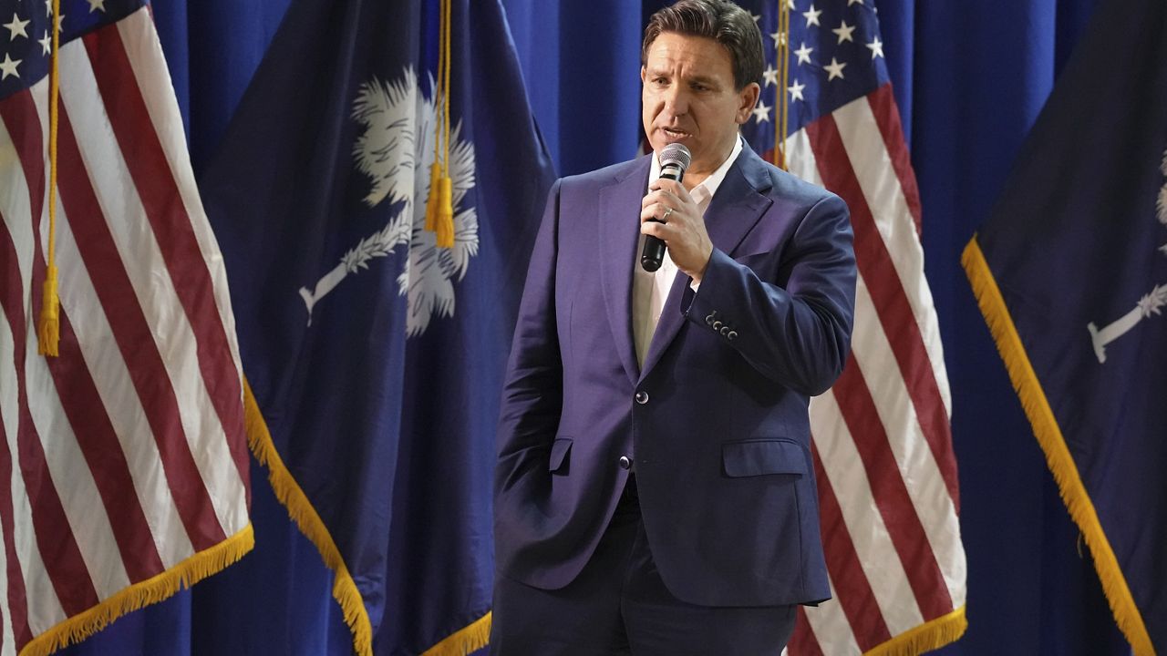 Florida Gov. Ron DeSantis speaks during an event for his GOP presidential campaign on Friday, Dec. 1, 2023, in Prosperty, S.C. DeSantis is making a daylong swing through South Carolina, which holds the first southern Republican presidential primary of the 2024 campaign. (AP Photo/Meg Kinnard)