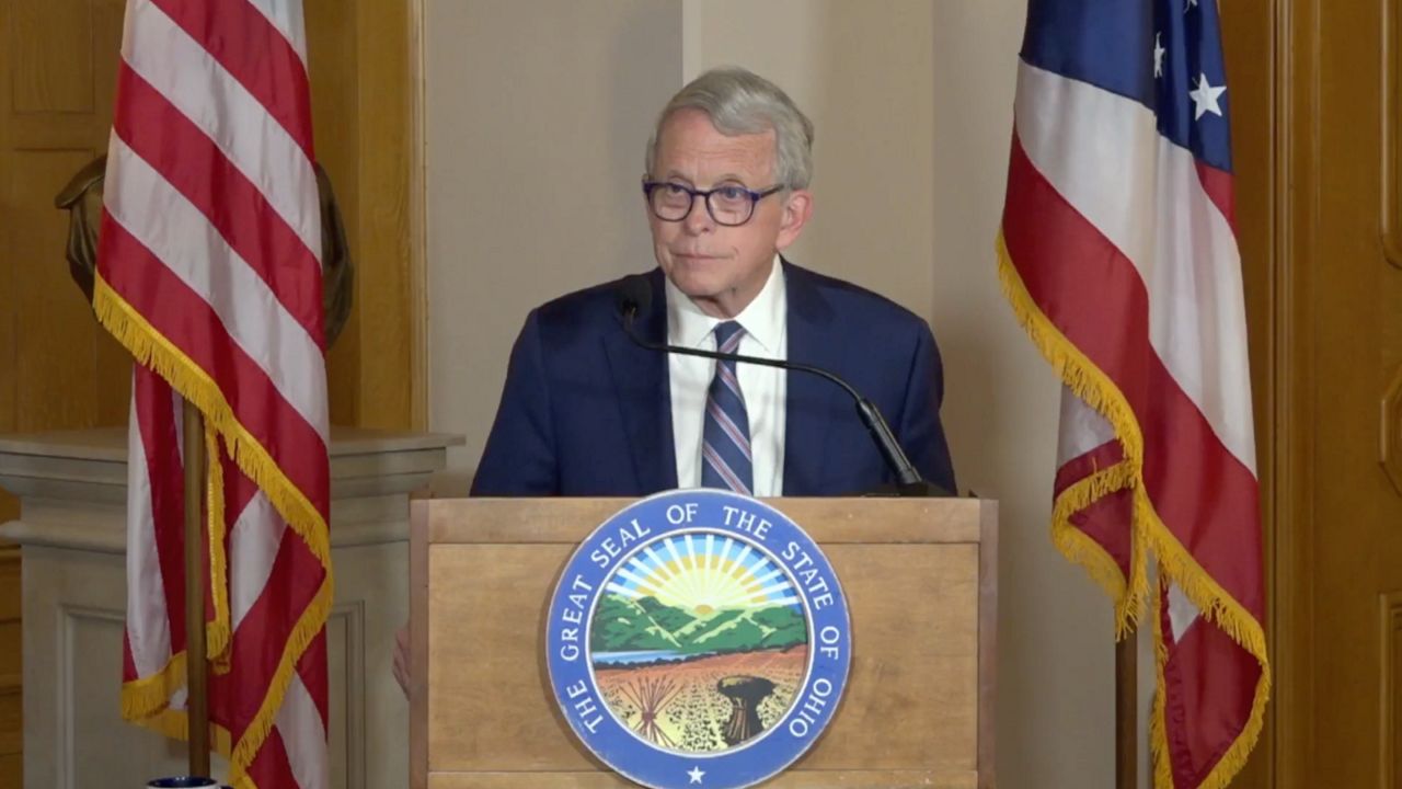Ohio Gov. Mike DeWine speaks from the statehouse Thursday afternoon where he called for a special session of the Ohio General Assembly for Tuesday, May 28, to ensure both presidential candidates will appear on Ohio’s ballot.