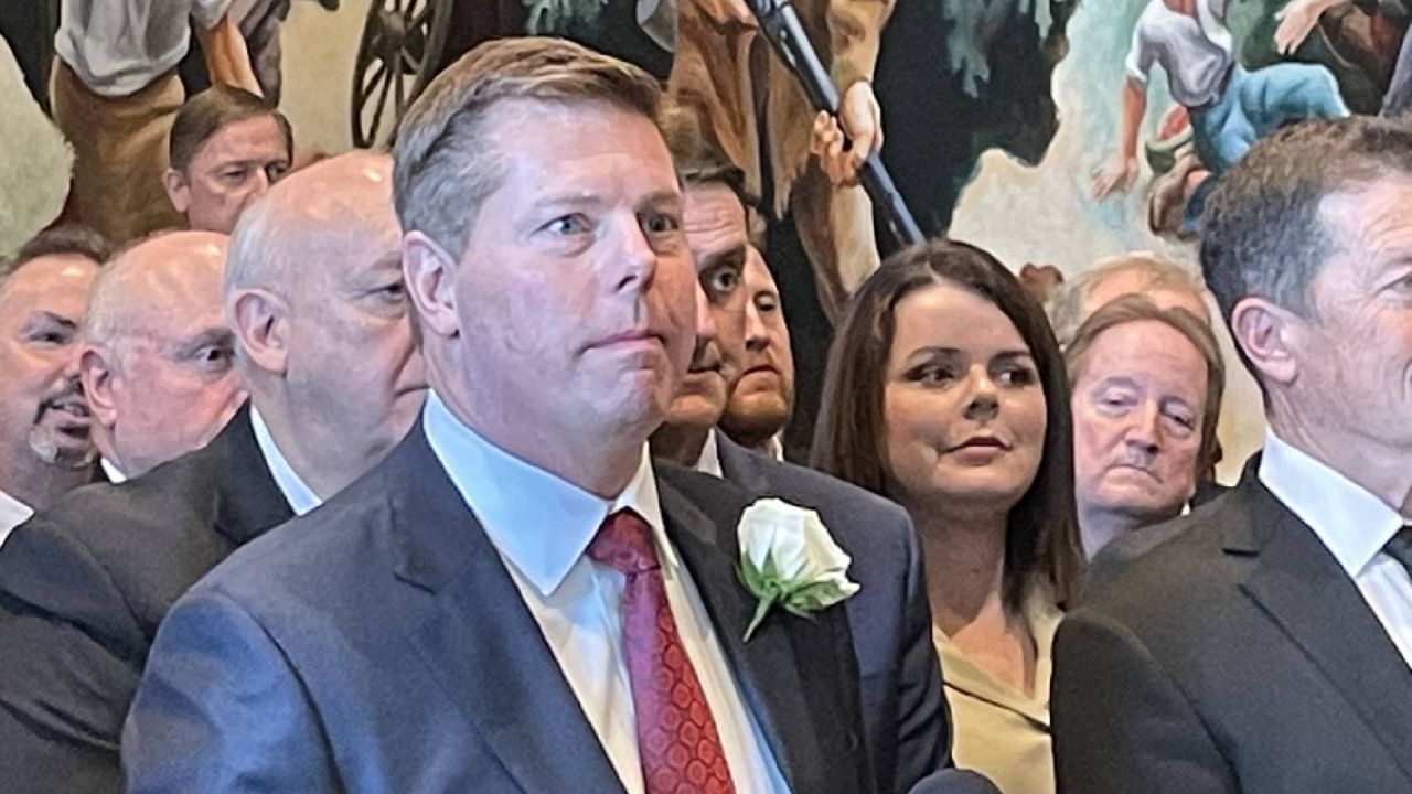 Missouri House Speaker Dean Plocher R-Des Peres, talks to reporters on the opening day of the Missouri General Assembly January 4, 2023 in Jefferson City. (Spectrum News/Gregg Palermo)